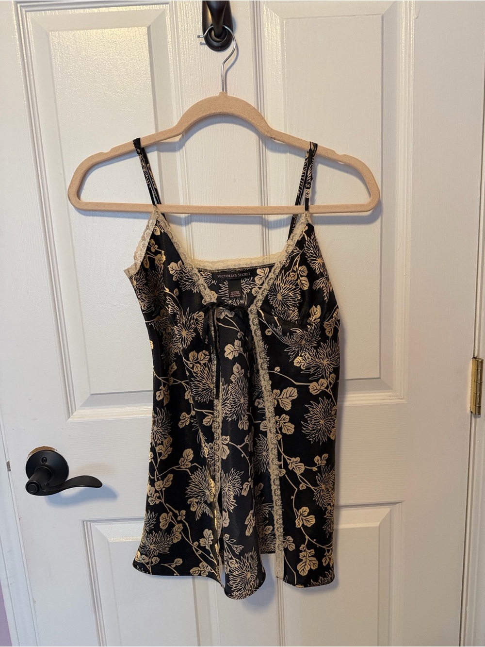 Victoria's Secret Black Satin Floral Chemise with Cream Lace -Preloved